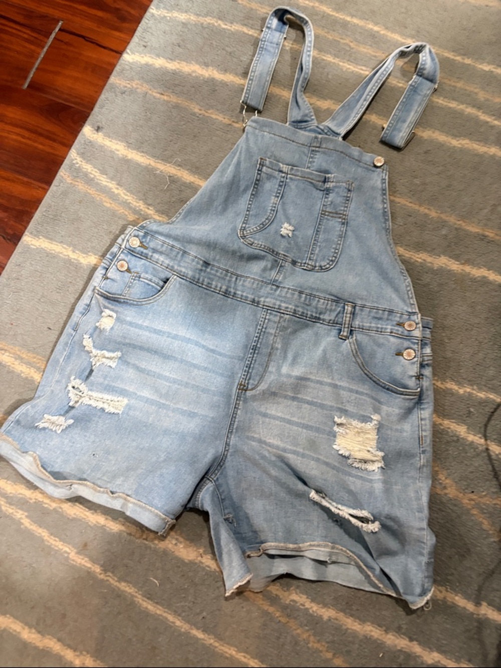 Light Wash Distressed Denim Short Overalls